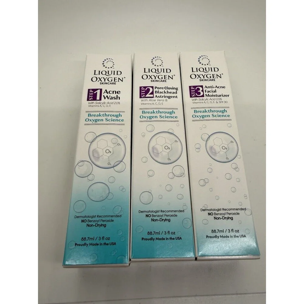 Liquid Oxygen Skincare Acne‎ Regimen 3 Set Wash, Astringent & Moisturizer NIB